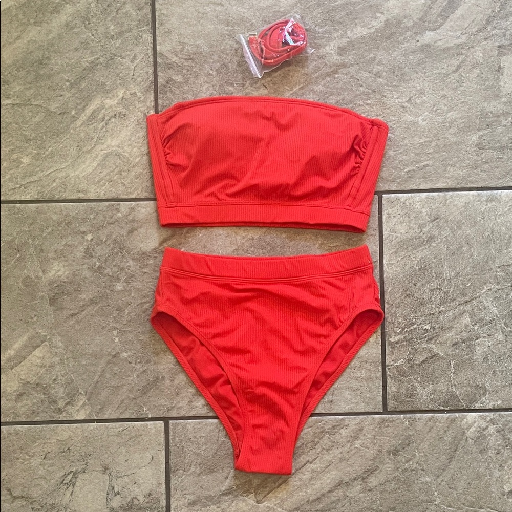 Xhilaration Bright Red Ribbed Bandeau Bikini Set